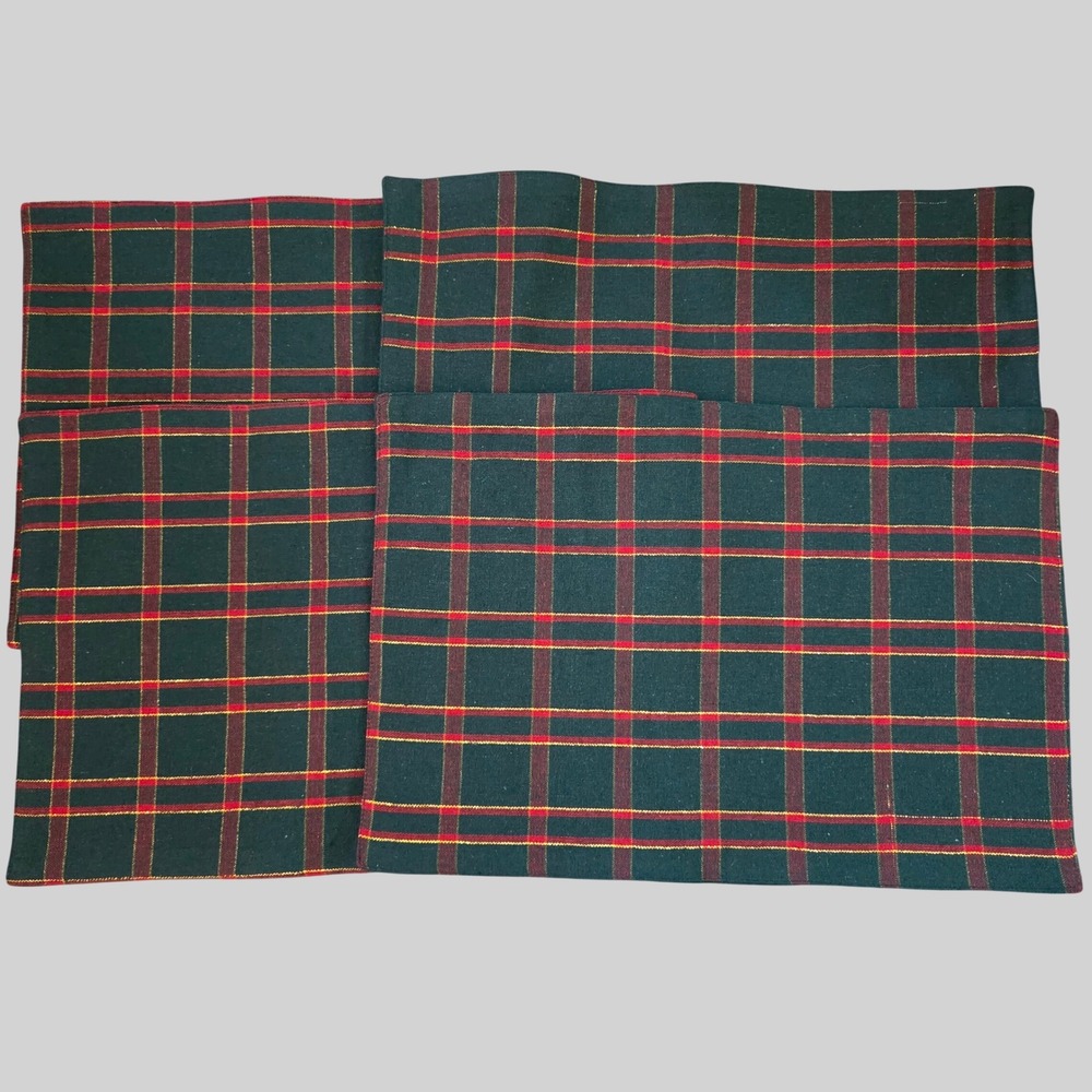Holiday Table Cloth Placemats Green Red Gold Plaid Metallic Christmas Set of 4